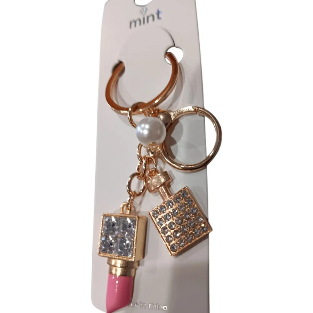 Lipstick, Perfume Bottle, Pearl Rhinestone Purse Charm Keychain in Pink Bling